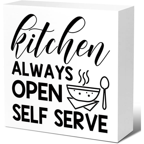 Zomyto 7"x7" Funny Kitchen Wood Block Signs,Kitchen Always Open Self Serve Wooden Box Sign,Country Kitchen Decor Sign