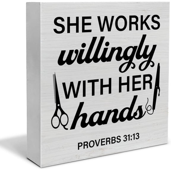Zomyto 7"x7" Gifts for Hairstylist Women, Hair Salon Decor She Works Willingly with Her Hands Wooden Sign Barbershop Beauty Shop Decor Rustic Hairdresser Wood Block Signs for Desk Shelf Table
