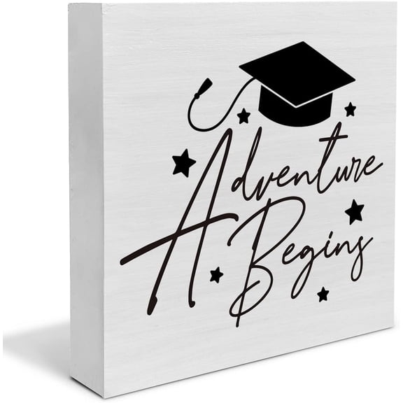 Zomyto 7"x7" Graduation Quote Wood Box Sign Decor Desk Sign Adventure Begins Wooden Box Block Sign Rustic Home Graduation Party Decoration Grad Gift