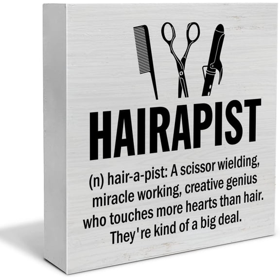 Zomyto 7"x7" Hairstylist Gifts, Hair Salon Decor Hairapist Definition Wooden Sign Hair Salon Barbershop Decor Rustic Hairdresser Wood Block Signs for Desk Shelf Table