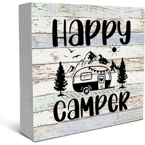 Zomyto 7"x7" Happy Camper Wood Box Sign Desk Decor,Rustic Camping Wooden Block Box Sign Campsite RV Cabin