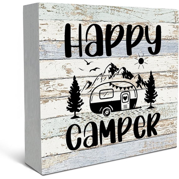 Zomyto 7"x7" Happy Camper Wood Box Sign Desk Decor,Rustic Camping Wooden Block Box Sign Campsite RV Cabin