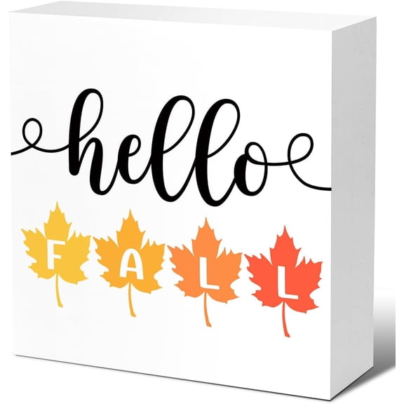 Zomyto 7"x7" Hello Fall Decor Wood Block Signs,Farmhouse Autumn Wooden Box Sign,Rustic Fall Decor