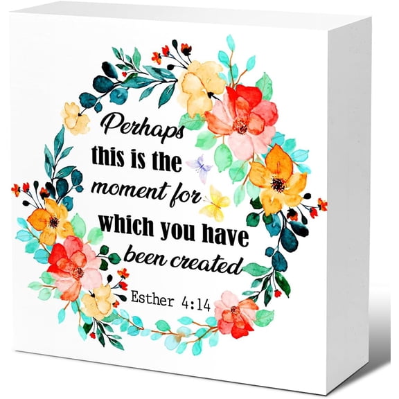 Zomyto 7"x7" Holy Bible Quote Wood Block Sign,Perhaps This Is the Moment Wooden Box Sign,Bible Verse Desk Decor Scripture Art Door Esther 4:14 Sign Decor