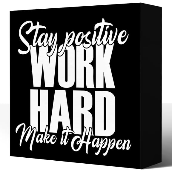 Zomyto 7"x7" Inspirational Office Wood Box Sign,Positive Office Desk Decor,Motivational Wooden Signs,Stay Positive Work Hard Make It Happen Wooden Black Sign