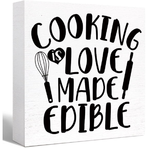 Zomyto 7"x7" Kitchen Wood Box Signs,Cooking Love Made Edible Kitchen Wood Block Signs with Sayings