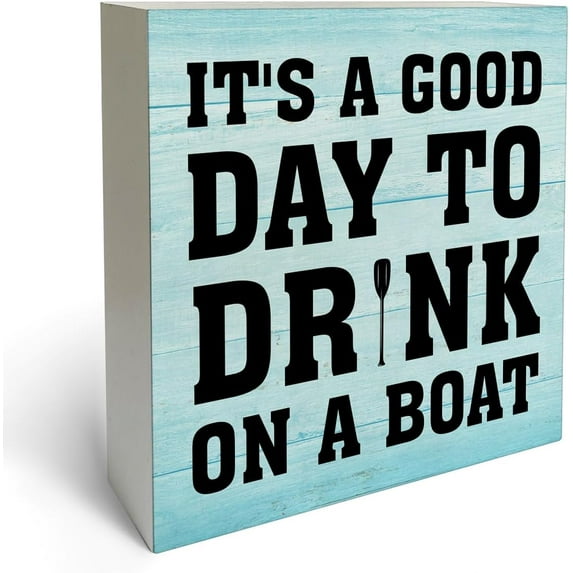 Zomyto 7"x7" Lake Decor on a Boat Wooden Block Sign Rustic Style Lake Life Lake House Cottage Home Desk Shelf Decorations, Boat Lover Gift