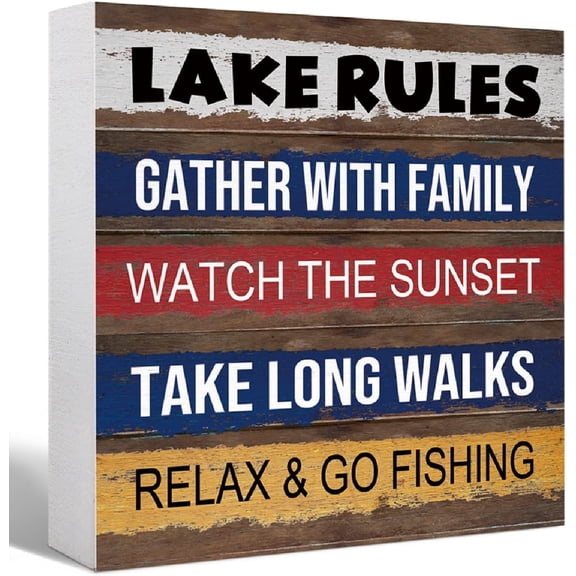 Zomyto 7"x7" Lake Theme House Decor Wood Box Sign Lake Rules Wooden Block Sign,Summer Lake House Sign Decor