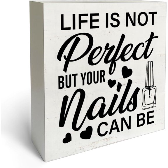 Zomyto 7"x7" Nail Sign Nail Salon Sign Life Is Not Perfect But Your Nails Can Be Wooden Block Sign Rustic Style Beauty Salon Desk Shelf Decorations