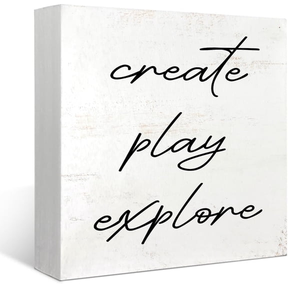 Zomyto 7"x7" Playroom Decor Create Play Explore Wood Box Sign Desk Decor,Inspirational Wooden Box Block Plaque Sign Decoration