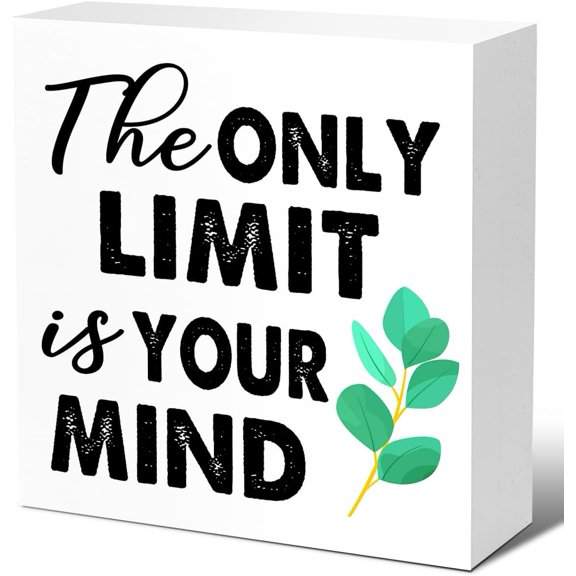 Zomyto 7"x7" Positive Wood Block Signs,The Only Limit is Your Mind Wooden Box Sign for Classroom Shelf Office Workplace Tabletop Desk Decor