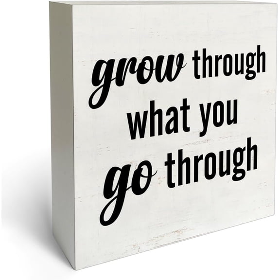 Zomyto 7"x7" Rustic Farmhouse Style Grow Positive Sayings Box Sign Wood Desk Sign Decor Quote Grow Through What You Go Through Wooden Block Plaque Box Sign Home Office