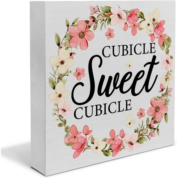 Zomyto 7"x7" Rustic Office Wooden Box Sign Desk Decor,Cubicle Sweet Cubicle Wreath Wood Block Sign