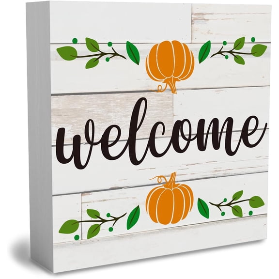 Zomyto 7"x7" Rustic Welcome Halloween Wooden Box Sign Cute Fall Sign Decor Farmhouse Decorative Wood Box Sign Block Plaque for Wall Desk Home Bathroom Decoration