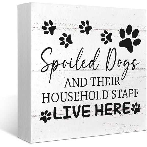 Zomyto 7"x7" Spoiled Dogs Live Here Wood Box Sign Desk Decor Funny Dog Paw Prints Wooden Box Block Sign Decorations