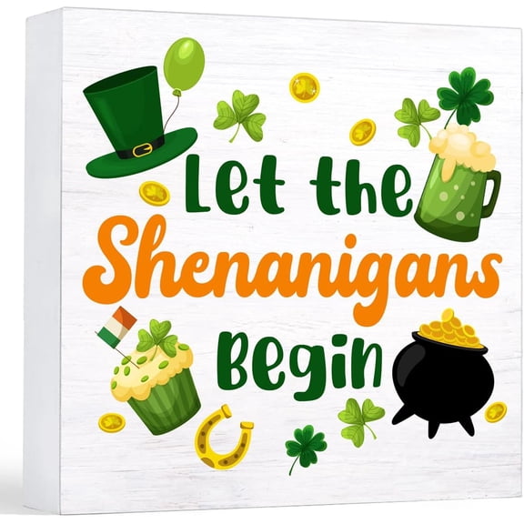 Zomyto 7"x7" St. Patricks Day Decor Let the Shenanigans Begin Wood Sign Home Kitchen Desk Tabletop Shelf Decor, St Patricks Day Decorations