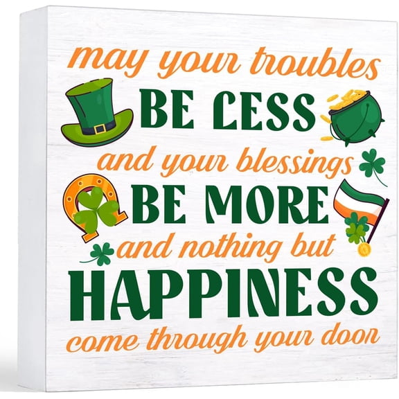 Zomyto 7"x7" St. Patricks Day Decor May Your Troubles Be Less and Your Blessings Wood Sign Home Desk Tabletop Shelf Decor, St. Patricks Day Decorations