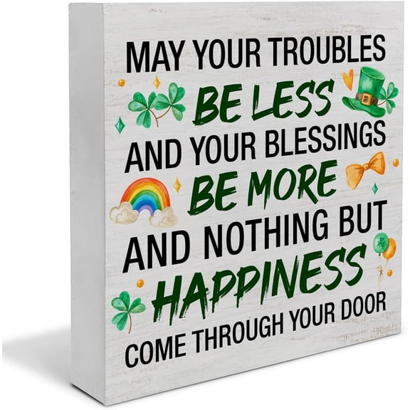 Zomyto 7"x7" St. Patricks Day Decor Rustic May Your Troubles Be Less and Your Blessings Be More Wood Sign Irish Blessings Decor Home Tabletop Desk Decoration,