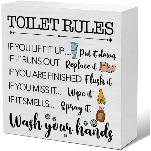 Zomyto 7"x7" Toilet Rules Decor Bathroom Decorative Wash Your Hands Wood Sign Home Bathroom Toilet Decorations for Desk Table Shelf