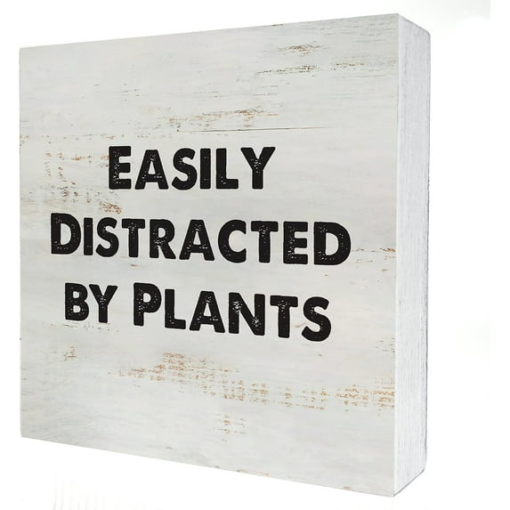 Zomyto 7x7 IN Funny Plant Lover Wooden Box Sign Desk Decor Easily Distracted by Plants Wood Block
