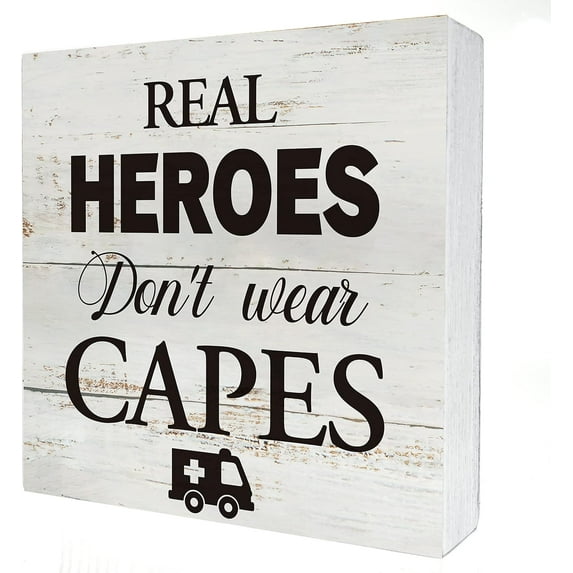 Zomyto 7x7 IN Real Heroes Don't Wear Capes Wooden Box Sign Desk Decor Rustic EMT First Responder Wood Block Plaque