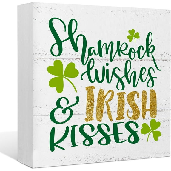 Zomyto 7x7 IN St.Patrick's Day Decorations Wooden Box Sign,Irish Kisses Shamrock Wishes Sign