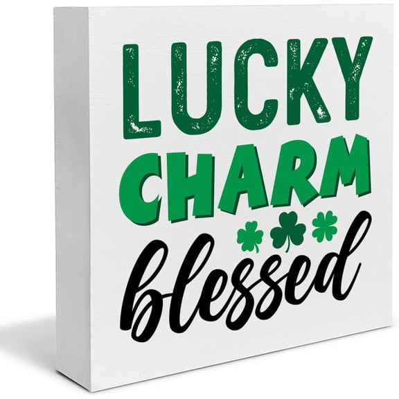 Zomyto 7"x7" St. Patrick Day Decor - Lucky Charm Blessed Wood Box Sign St Patrick's Day Wood Block Sign Desk