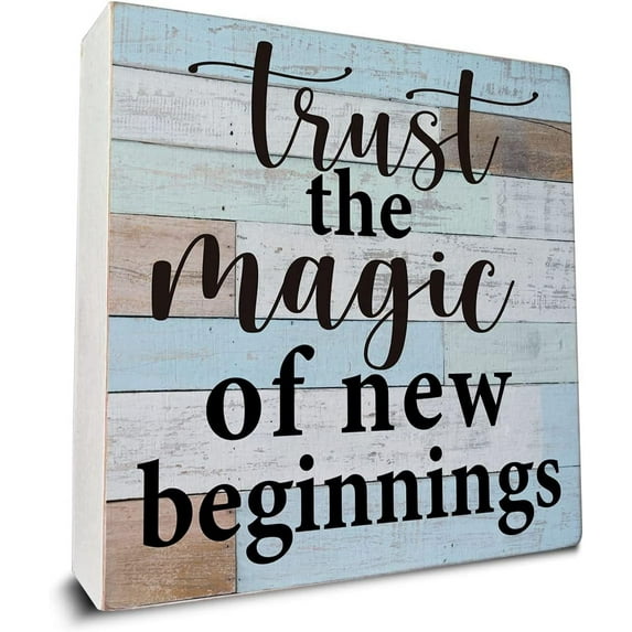 Zomyto 7x7 IN Trust the Magic of New Beginnings Wooden Box Sign Desk Decor, Inspirational Quote