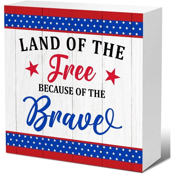Zomyto 7x7 In 4th of July Independence Day Wood Decor,Land of the Free Because of the Brave Wooden Box Sign