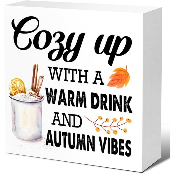 Zomyto 7x7 In Autumn Desk Decor,Autumn Wood Block,Rustic Fall Decor,Cozy up with a Warm Drink and Autumn Vibes Wooden Box Sign