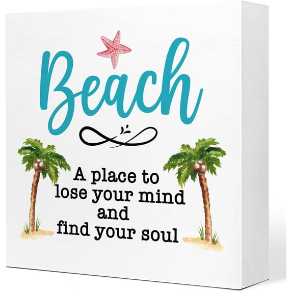 Zomyto 7x7 In Beach - A Place to Lose Your Mind and Find Your Soul Beach Wooden Box Sign Desk Decor,Rustic Beach Theme Decor