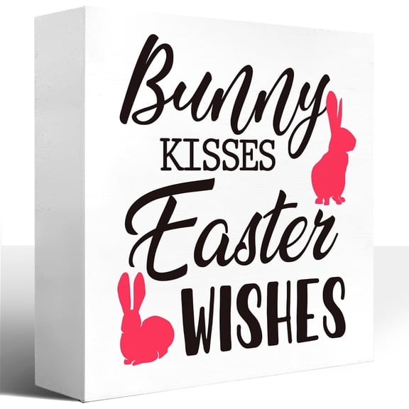 Zomyto 7x7 In Bunny Kisses Easter Wishes Wooden Block Plaque Shelf Table Decoration for Home Office