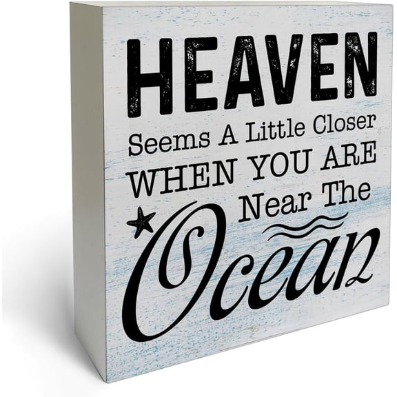 Zomyto 7x7 In Heaven Seems a Little Closer When You Are Near the Ocean Wooden Box Sign Desk Decor Beach Quotes Wooden Block Plaque
