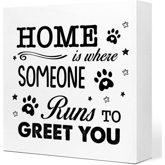 Zomyto 7x7 In Home is Where Someone Runs to Greet You Wooden Box Sign Rustic Dog Paw Desk Decor