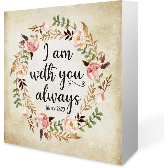 Zomyto 7x7 In Inspirational Bible Verse I Am with You Always Wooden Box Sign Matthew 28:20 Rustic Scripture Wood Block Plaque Box Sign