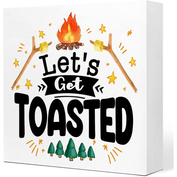 Zomyto 7x7 In Let's Get Toasted Campfire Camping Wood Plaque Sign Desk Decor,Rustic Camping Quote Wood Box Sign