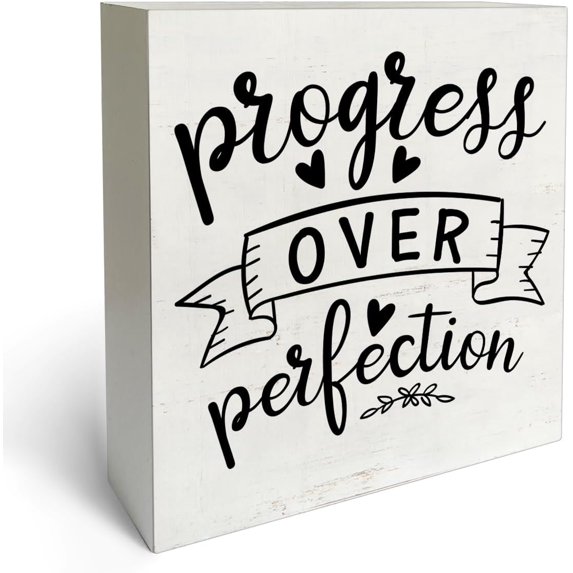 Zomyto 7x7 In Progress Over Perfection Wooden Box Sign Desk Decor Motivational Wooden Block Plaque