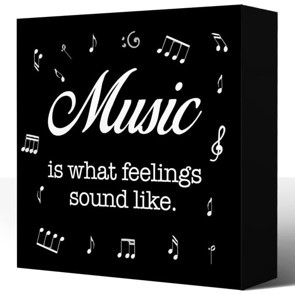 Zomyto 7x7 inches Rustic Musical Wood Box Sign Desk Decor,Music is What Feelings Sound Like Wood Block Plaque Box Sign Desk Decorations