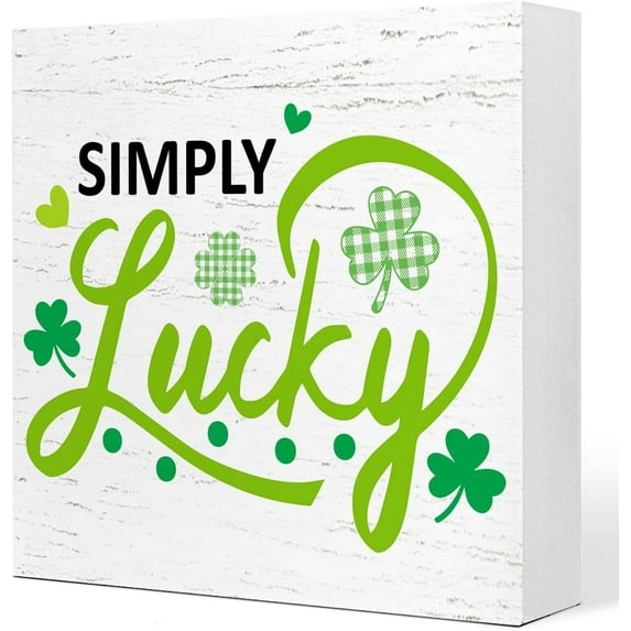 Zomyto 7x7 In Rustic Simply Lucky Wood Block Plaque Box Sign for Saint Patricks Day Party Desk Tabletop Decor