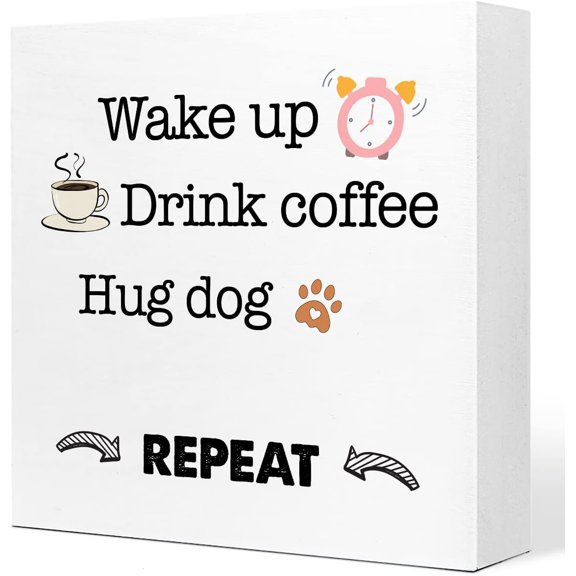 Zomyto 7x7 In Wake up Drink Coffee Hug Dog Wood Box Signm Dog Lover Desk Decor,Dog Mom and Dad Gifts,Coffee Lover Sign