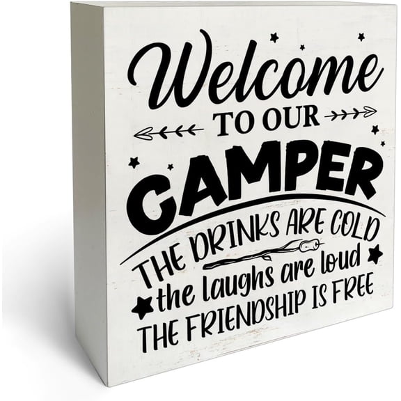 Zomyto 7x7 In Welcome to Our Camper Wooden Box Sign Desk Decor Camping Theme Wooden Block Plaque