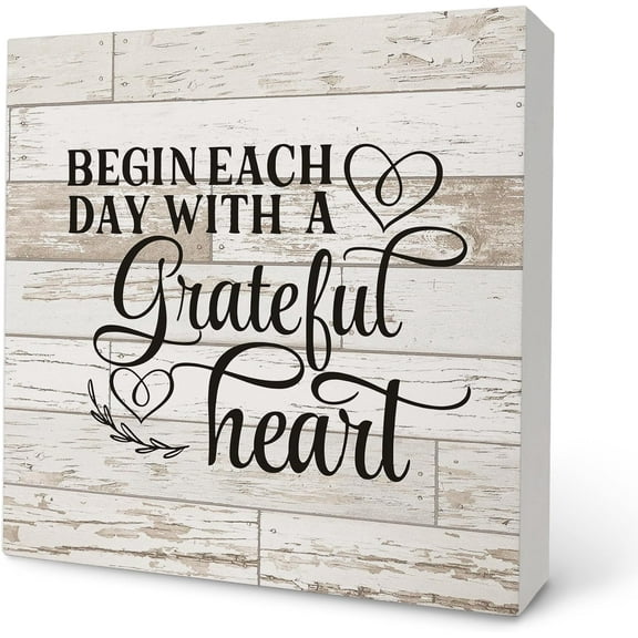 Zomyto 7x7 Inch Begin Each Day with a Grateful Heart Positive Wooden Box Sign Decor,Encouragement Gift,Rustic Inspirational Wooden Block Plaque