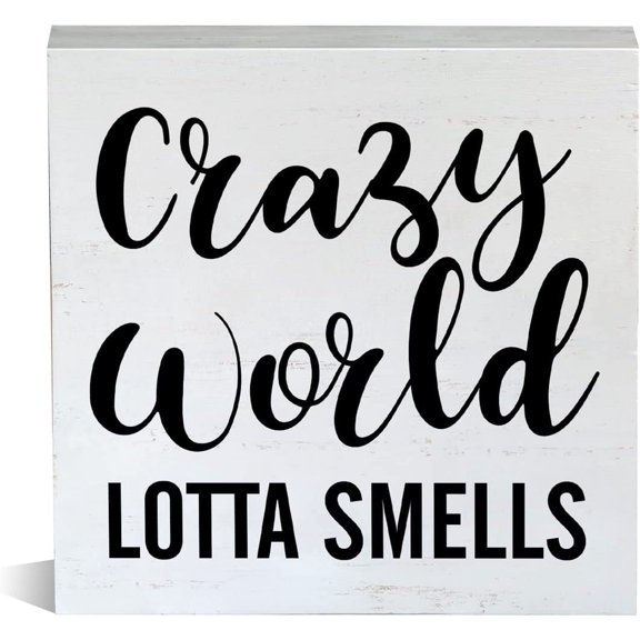Zomyto 7x7 Inch Farmhouse Crazy World Lotta Smells Wooden Box Sign Bathroom Wood Block Tabletop Sign Decorative Desk Sign