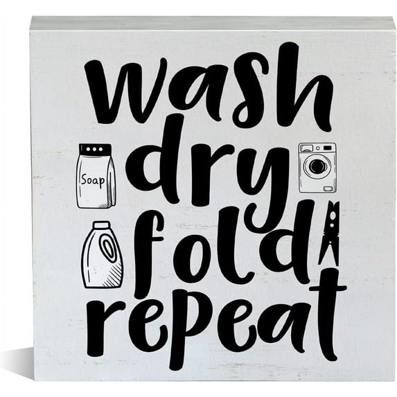 Zomyto 7x7 Inch Farmhouse Laundry Room Wooden Box Sign Rustic Style Wash Dry Fold Repeat Laundry Wood Block Tabletop Sign Decorative Desk Sign