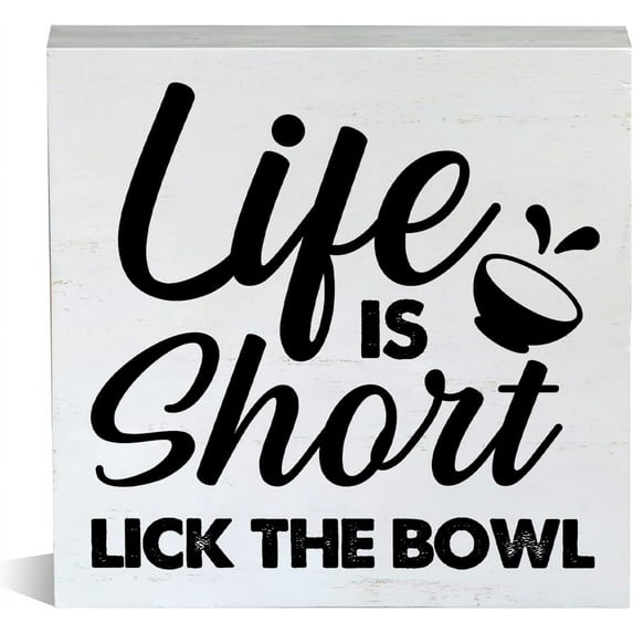 Zomyto 7x7 Inch Farmhouse Life Is Short Lick the Bowl Wooden Box Sign Bathroom Wood Block Tabletop Sign Decorative Desk Sign Kitchen Bathroom Décor