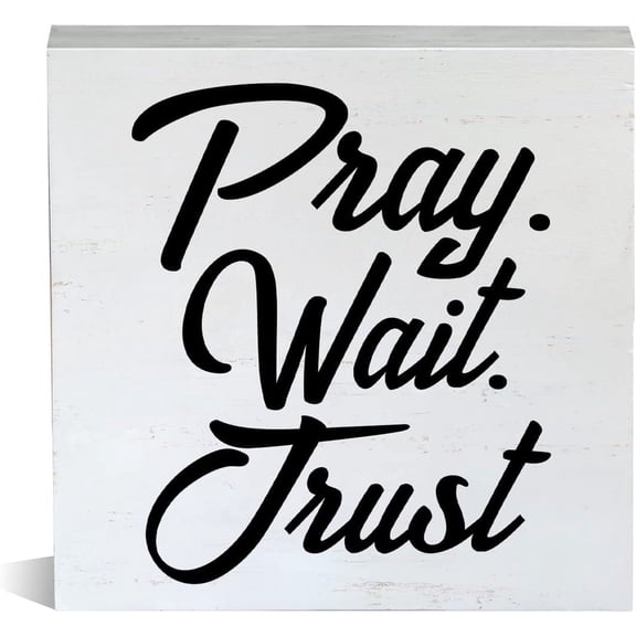 Zomyto 7x7 Inch Farmhouse Pray Wait Trust Wooden Box Sign Religious Wood Block Tabletop Sign