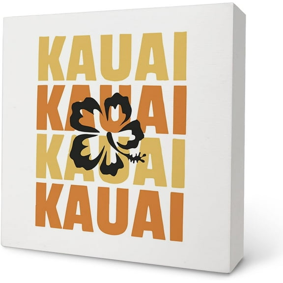 Zomyto 7x7 Inch Hawaii Islands Kauai Hibiscus Flower Summer Beach Wooden Box Sign Decor,Hawaii Summer Party Gift,Rustic Wooden Block Plaque