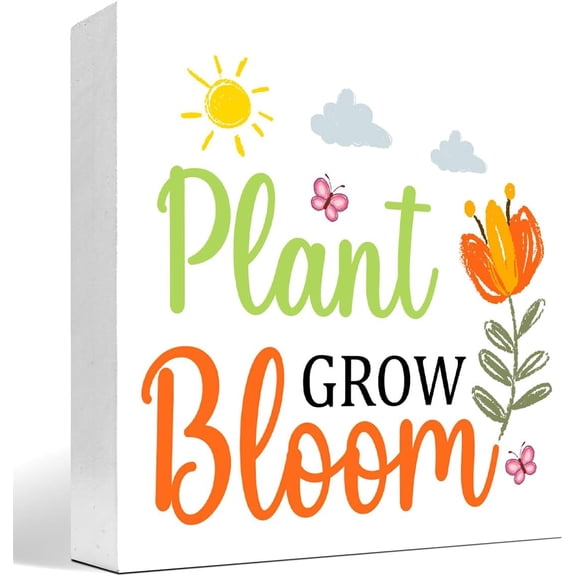 Zomyto 7x7 Inch Spring Desk Decor,Plant Grow Bloom Wooden Box Sign,Spring Block Desk Decor,Funny Spring Quote Floral Wooden Plaque Sign