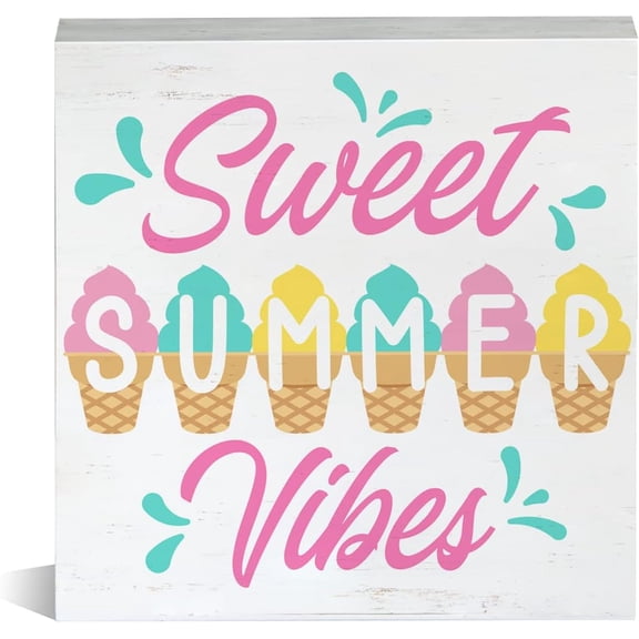 Zomyto 7x7 Inch Sweet Summer Vibes Wooden Box Sign Summer Ice Cream Wood Block Tabletop Sign