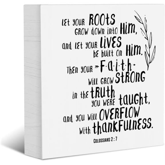 Zomyto 7x7 Inches Bible Verse Wood Box Sign, Let Your Roots Grow Down Colossians 2 : 7 Christian Wood Box Sign Block Plaque, Home Office Desk Shelf Sign